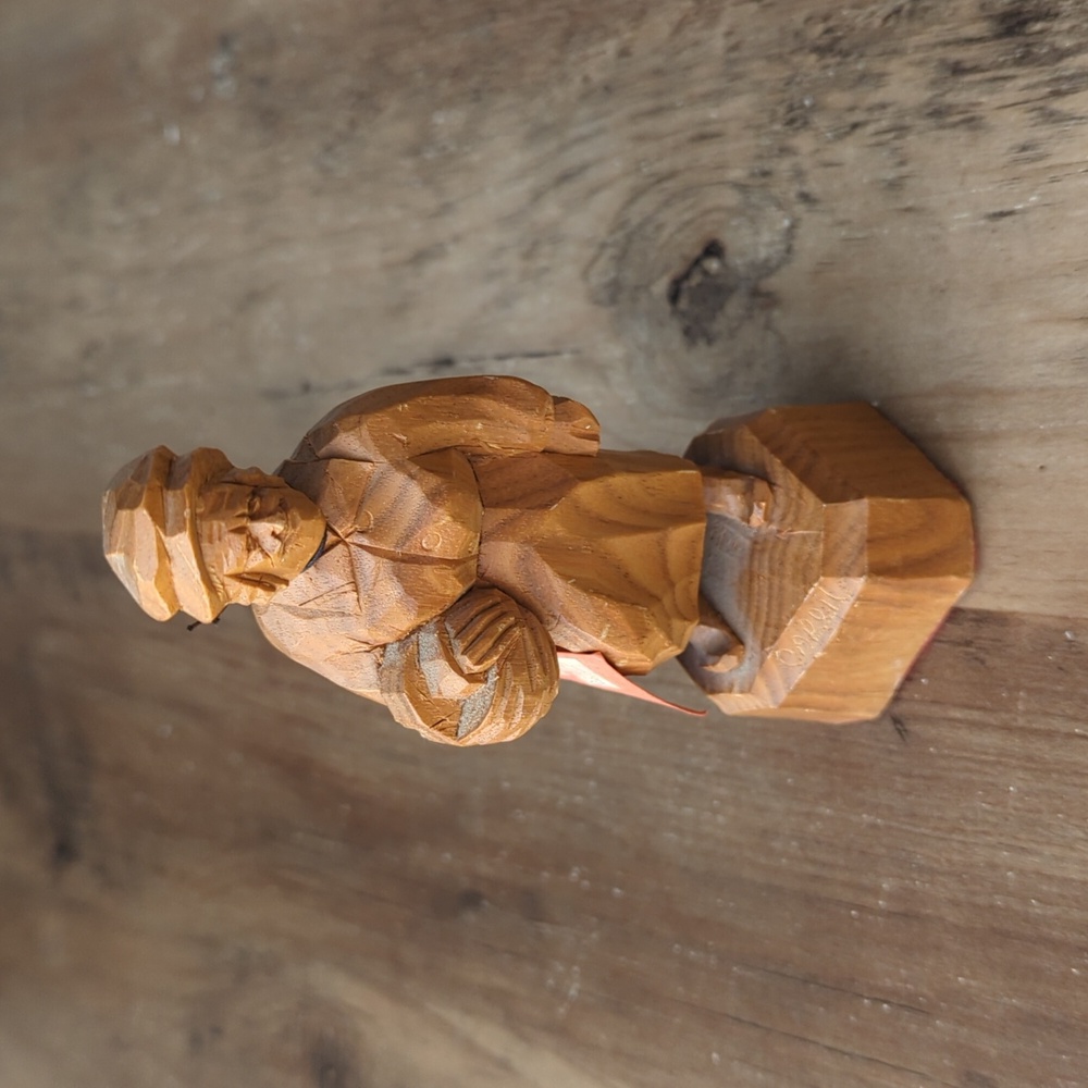 Vintage Folk Art Hand Carved Wood Lady with Basket - by Caron, made in Quebec
